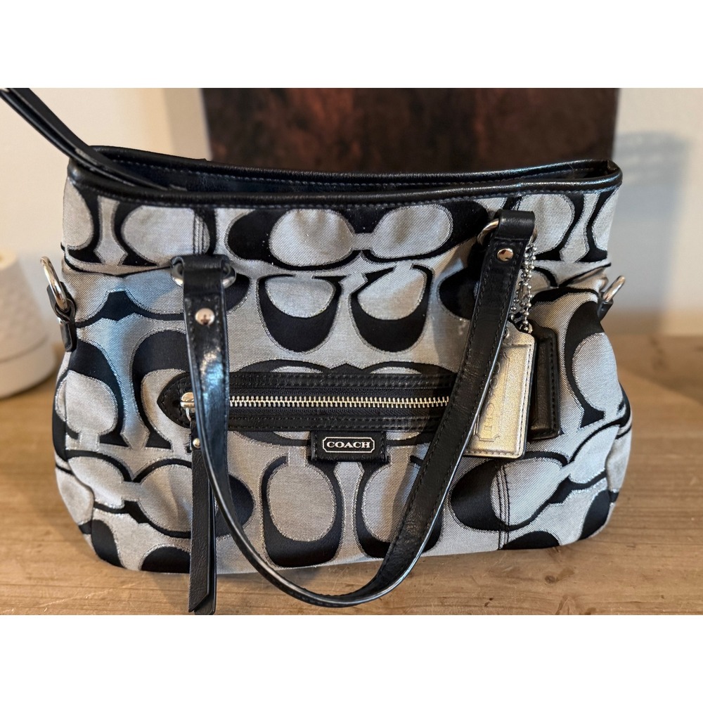 Coach Signature Monogram Canvas Leather Trim Satchel Handbag Silver Tone Accents